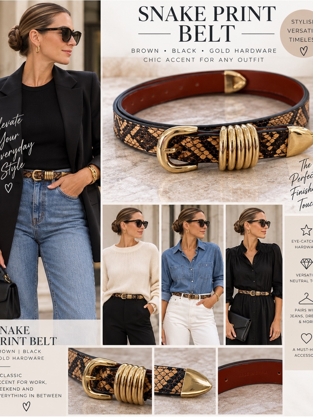 Women’s Snake-Print Belt with Gold Buckle